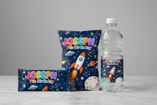 Custom Planet-Themed Party Set Chip Bags, Chocolate Wrappers, Water Bottle Labels Coloring Books - Hanzel & Gretel