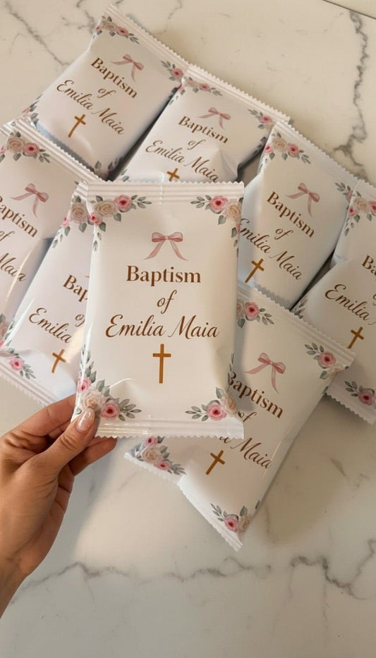 Custom Baptism-Themed Chip & Chocolate Wrappers Elegant Floral Party Favors - Hanzel & Gretel