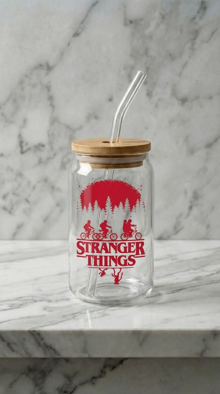 Stranger Things Glass Cup With Bamboo Lid & Glass Straw – Aesthetic Tumbler for Fans | Limited Edition - Hanzel & Gretel