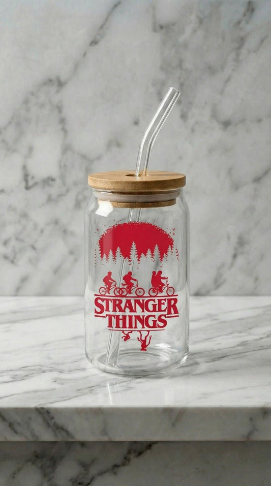 Stranger Things Glass Cup With Bamboo Lid & Glass Straw – Aesthetic Tumbler for Fans | Limited Edition - Hanzel & Gretel
