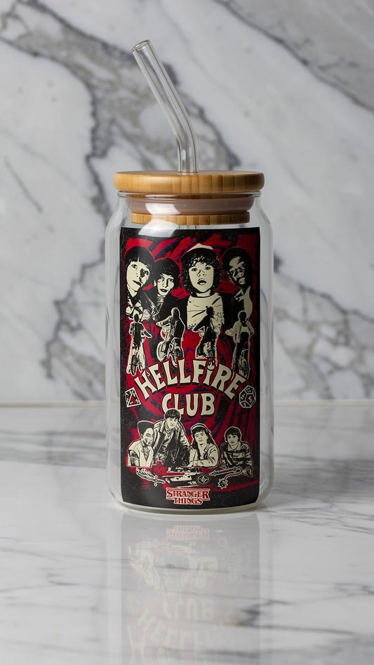 Stranger Things Hellfire Club Glass Cup – 16oz Frosted Can, Bamboo Lid & Glass Straw | Fan Gift | Limited Edition - Hanzel & Gretel