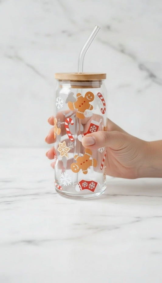 Christmas Glass Cup With Bamboo Lid & Straw – Gingerbread Holiday Cup | Reusable Iced Coffee Cup - Hanzel & Gretel